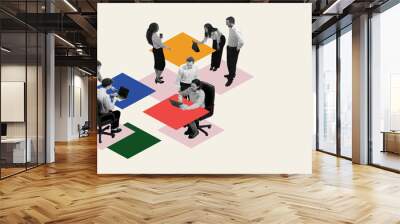 Employees sitting at different tables, cooperating with each other and doing different tasks. Contemporary art collage. Collective effort to achieve goals. Concept of business, teamwork Wall mural