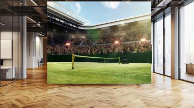 Empty tennis court with grass surface, net and sport fans sitting on tribune, waiting for game start. Open air stadium with flashlights. Sport, game, activity, championship, match concept. 3D render Wall mural