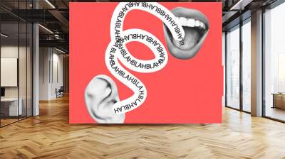 Endless talks about nothing. Female mouth talks to male ear. Modern design, contemporary art collage. Inspiration, idea, trendy urban magazine style. Negative space to insert your text or ad. Wall mural