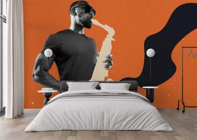 Excited man playing hand-drawn saxophone on orange background. Modern design. Conceptual, contemporary art collage. Soul music, festival, ad Wall mural