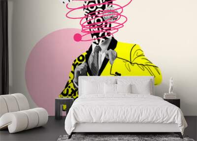 Feeling full of energy. Comics styled yellow suit. Modern design, contemporary art collage. Inspiration, idea concept, trendy urban magazine style. Negative space to insert your text or ad. Wall mural