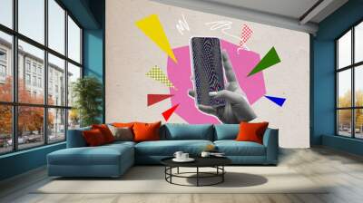 Female hand scrolling social media feed on media platforms. Modern lifestyle. Online marketing and freelance job. Contemporary art collage. Creative design. Concept of modern technologies, surrealism Wall mural