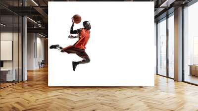 Full length portrait of a basketball player with a ball isolated on white studio background. advertising concept. Fit african anerican athlete jumping with ball. Motion, activity, movement concepts. Wall mural