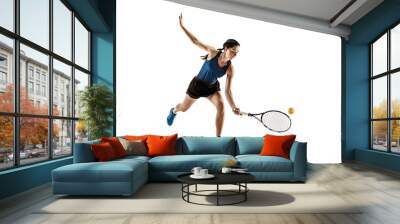 Full length portrait of young woman playing tennis isolated on white background. Healthy lifestyle. The practicing, fitness, sport, exercise concept. The female model in motion or movement Wall mural