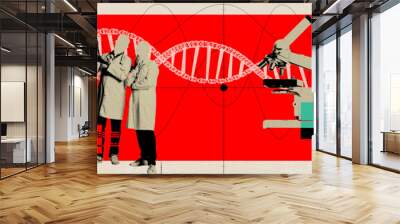 Genetic Research and Collaboration. Modern genetic research, two scientists discussing over DNA helix. Contemporary art collage. Concept of science, innovation, surrealism, modern technologies Wall mural