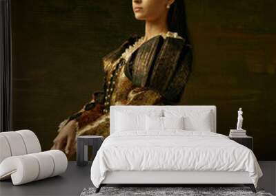 Girl in medieval beautiful dress or costume of the countess at dark studio. Wall mural