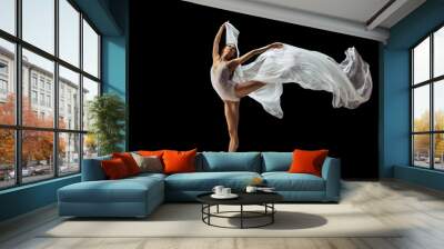 Graceful classic ballerina dancing with weightless fabric isolated on black studio background in neon. Theater, art, beauty, grace, action and motion concept. Wall mural