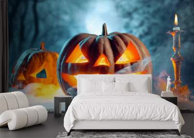 Halloween pumpkins on blue background Wall mural