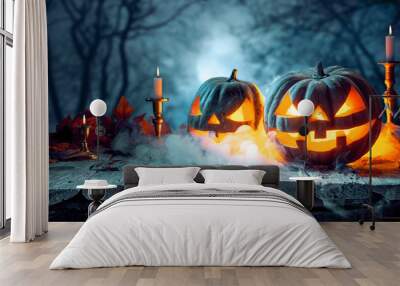 Halloween pumpkins on blue background Wall mural