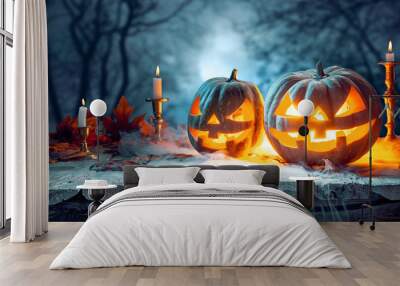 Halloween pumpkins on blue background Wall mural