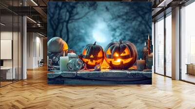 Halloween pumpkins on blue background Wall mural