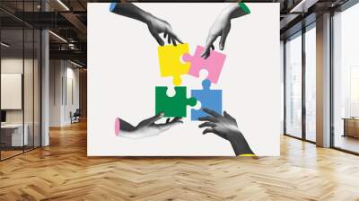 Hands aesthetic on light background with colored puzzles, artwork. Concept of business, community, professional occupation, symbolism, surrealism. Wall mural