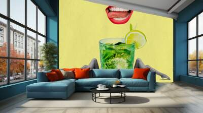 Huge mojito cocktail glass and female slender legs and open mouth isolated on yellow background. Contemporary bright art collage. Surrealism Wall mural