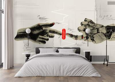 Human hand and robotic hand reaching red pill. Human capabilities and robotic innovations. Contemporary art collage. Concept of science, innovation, surrealism, modern technologies Wall mural