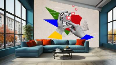 Human hands holding mobile phone with hypnotic screen. Many social media likes. Popularity and internet addiction. Contemporary art collage. Creative design. Concept of modern technologies, surrealism Wall mural