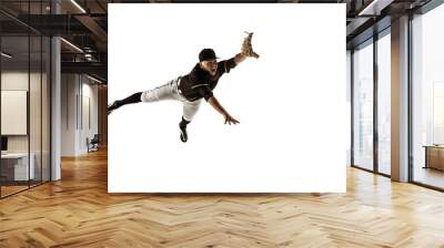 In flight. Baseball player, pitcher in black uniform practicing and training isolated on white background. Young professional sportsman in action and motion. Healthy lifestyle, sport, movement concept Wall mural