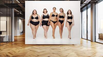 Inclusion. Portrait of beautiful young women with different shapes posing on white background. Happy female models. Concept of body positive, beauty, fashion, style, feminism. Diversity. Wall mural