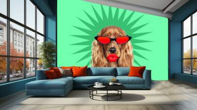 Like red. Modern design. Contemporary art collage with cute dog and trendy colored background with geometric styled elements. Inspirative art, pets, animal, style and fashion concept. Copyspace. Wall mural