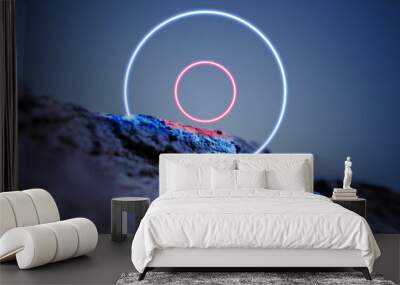 Luminous circle. Synth wave, retro wave, vaporwave futuristic aesthetics. Glowing neon style. Horizontal wallpaper, background. Stylish flyer for ad, offer, bright colors and smoke neoned effect. Wall mural