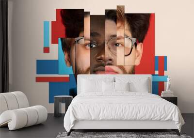 Male face made from different portrait of men of diverse age and race. Combination of faces. Contemporary artwork. Modern design. Standards, multi ethnicity, equality, diversity, human rights concept Wall mural