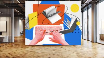 Male hand working, studying online, typing on laptop, preparing for exams with books and internet. Contemporary art collage. Concept of online education, Internet assistance, modern innovations Wall mural