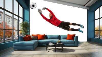 Male soccer player goalkeeper catching ball in jump. Silhouette of fit man with ball isolated on white studio background Wall mural