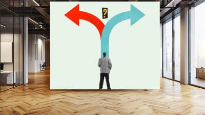 Man standing at crossroads, facing two diverging paths with question mark above highlights uncertainty. Business decision. Contemporary artwork. Concept of business, progress, achievement, development Wall mural