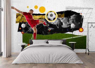 Match online translation. Man, football player in motion, hitting ball. Young people cheering up favourite team. Contemporary art collage. Concept of sport, betting, game, competition. Poster, ad Wall mural