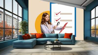 Meeting business deadlines. Young business woman stares at business plan of new project. Concept of business, project, challenges, time management Wall mural