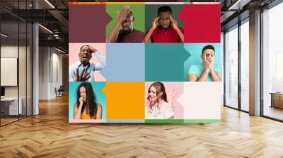 Men and women expressing variety of emotions, from sadness to frustration against multicolored background with empty space to insert text. Concept of human emotions, news. Social media banner, ads Wall mural