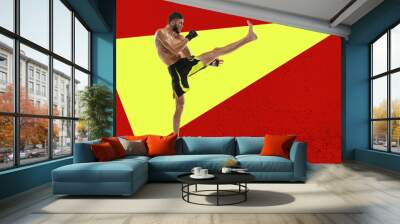 MMA fighter. Muscular strong man, professional boxer fighting, training martial arts. Contemporary art collage. Concept of combat sport, competition, action and motion. Creative colorful design Wall mural