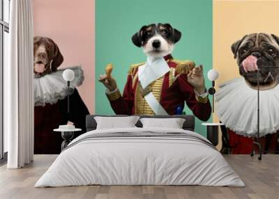 Models like medieval royalty persons in vintage clothing headed by dog's heads on multicolored background. Wall mural