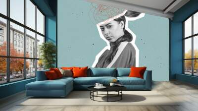 Modern design, contemporary art collage. Inspiration, idea, trendy urban magazine style. Chaos, mess in woman's head on blue background Wall mural