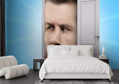 Modern design, contemporary art collage. Inspiration, idea, trendy urban magazine style. Male face in doorway. Wall mural