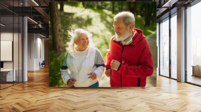 Morning Active Routine. Happy and energetic couple, elderly man and woman going on morning jogging activity in the park on sunny day. Concept of sport, aging, active and healthy lifestyle, health care Wall mural