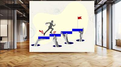 Motivated and ambitious employee running forward on stairs. Promotion, personal and professional growth. Assistance. Contemporary art collage. Concept of teamwork, business, office, occupation Wall mural