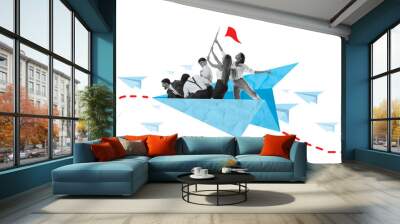 Motivated and ambitious employees in paper plane flying to professional success. Goals, teamwork. Conceptual collage. Concept of business, office lifestyle, employment, professional occupation, ad Wall mural