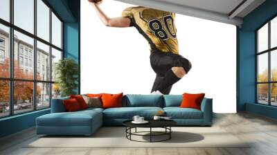 Motivated athlete, man, american football player in motion during game, throwing ball isolated on transparent background. Concept of professional sport, competition, hobby, action, concentration Wall mural