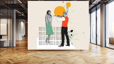 Music of love. Young couple in love stranding on abstract background with text. Bright contemporary art collage or design. Art, fashion and music. Ideas, relationship, vintage, retro style Wall mural