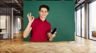 Nice sign, holds phone. Caucasian handsome man's portrait on green studio background with copyspace. Male model in red shirt. Concept of human emotions, facial expression, sales, ad, fashion. Wall mural