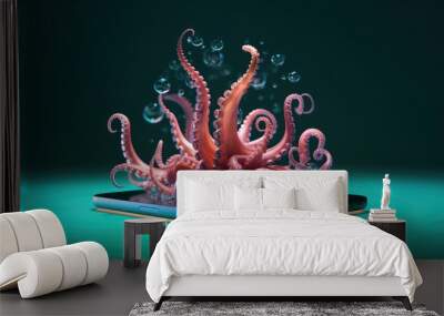 Orange colored octopus with bubbles sticking out tablet screen over green background. Marine life. Ai generated art Wall mural