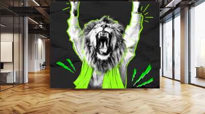 Person, sport fan with roaring head of lion raising fists up, celebrating victory and successful game. Contemporary art collage. Concept of sport event, animal theme, surrealism. Wall mural