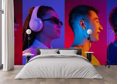 Portrait of group of people on multicolored background in neon light, collage. Wall mural