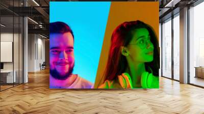 Portraits of group of people on multicolored background in neon light, collage. Wall mural