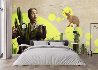 pretty young girl in elegant retro clothing with cactus and cat on background. Contemporary art collage. Lady with ermine remake. Concept of eras comparison, creativity, beauty, history Wall mural