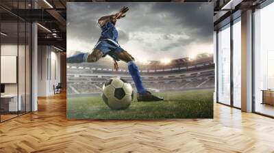 Professional football or soccer player in action on stadium with flashlights, kicking ball for winning goal, wide angle. Concept of sport, competition, motion, overcoming. Field presence effect. Wall mural