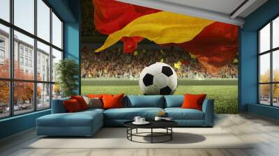 Promotional material for international football events. Soccer ball on grass field, stadium with national attribute, flag. Sport fans on tribune. Concept of competition, championship, tournament, game Wall mural