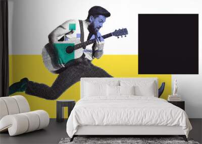 Retro style. Man playing guitar in motion. Monochrome image with colorful elements. Contemporary art collage. Concept of art, music, festival, concert, performance, show, creativity Wall mural