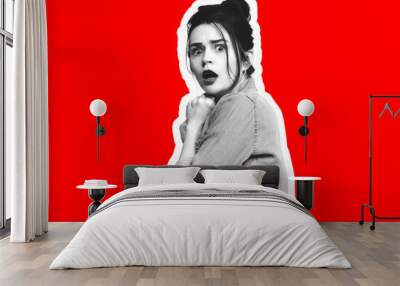 Scared, shocked. Collage in magazine style with emotional man in black and white contour on bright background with copyspace. Modern design, creative artwork, style and human emotions concept. Wall mural