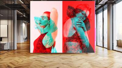 Set of conceptual images with young adorable woman and purebred dog isolated over colored background with glitch effect, split personality. Art collage Wall mural